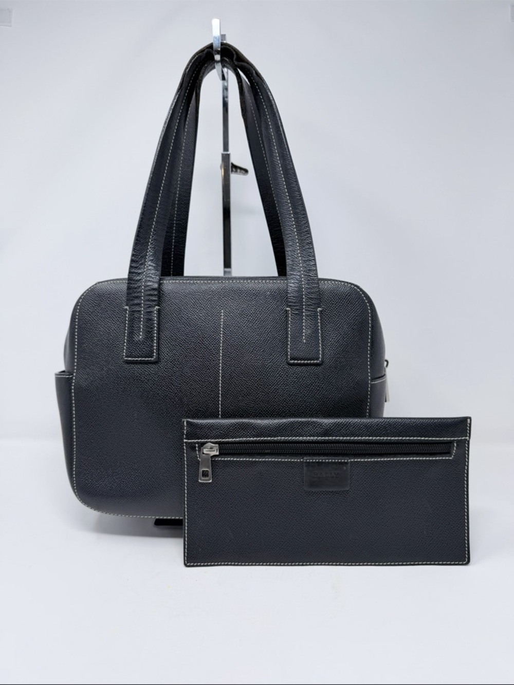 Bally Black Textured Tote Bag with Matching Zip Pouch